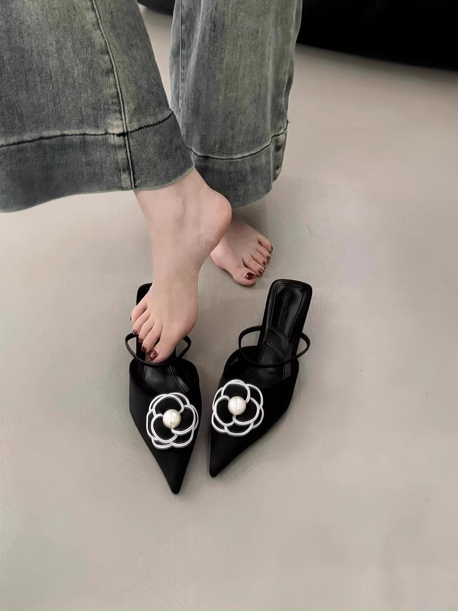 Damen Slingback Mules mit floralem Design und Perlenakzent R&B