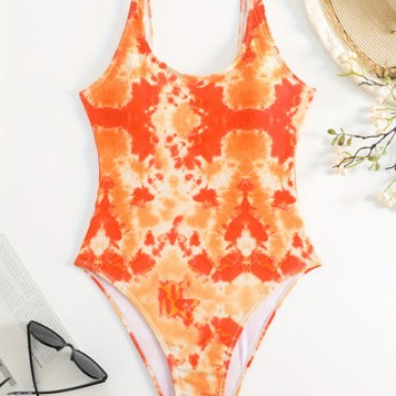 Damen Einteiliger sportlicher Badeanzug mit modischem Tie-Dye-Design R&B