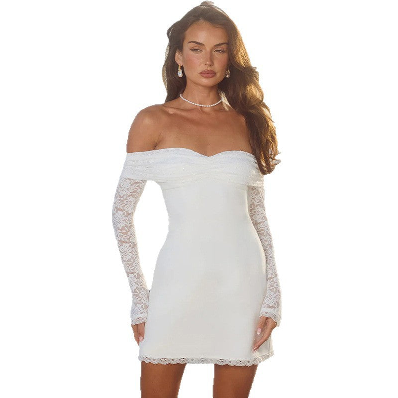 Damen Off-Shoulder Minikleid mit transparenten Spitzenärmeln und bezauberndem Schnitt R&B
