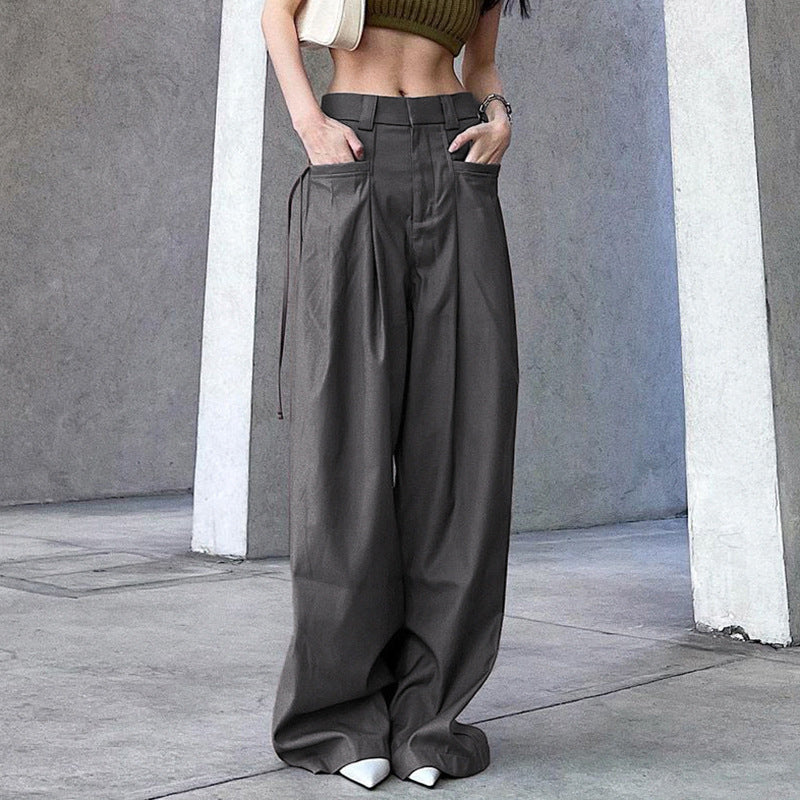 Damen weit geschnittene High-Waist-Hose mit tiefem Bund und eleganten Falten R&B