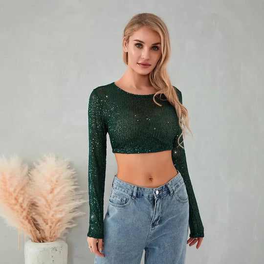 Damen Glitzerndes Crop-Top mit langen Ärmeln und figurbetontem Schnitt R&B