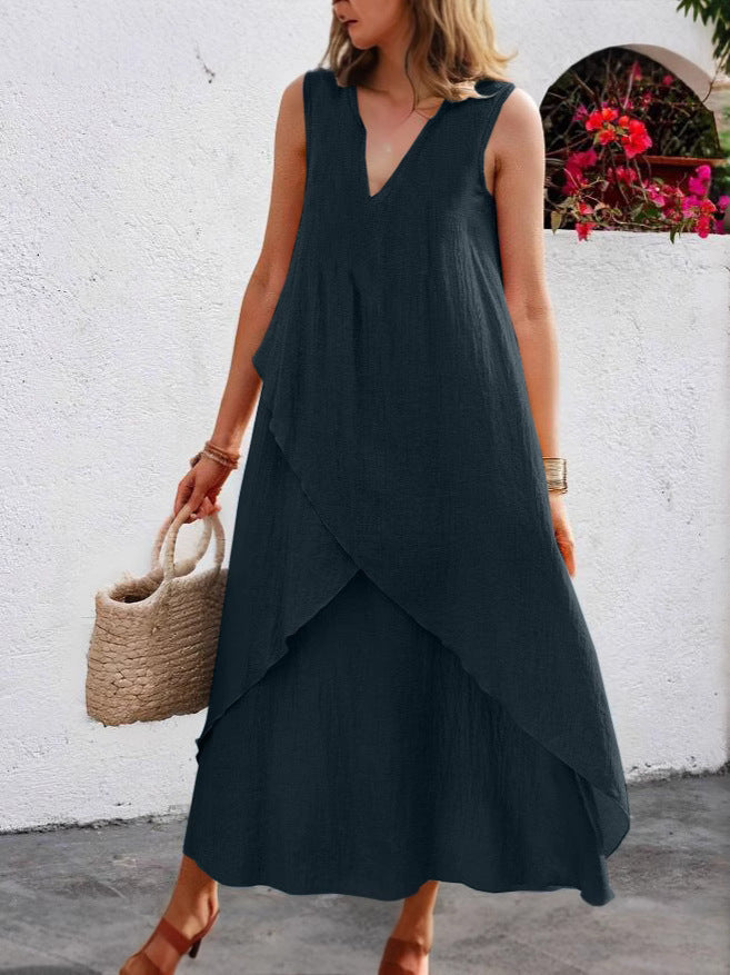Damen Lässiges Maxikleid mit überlappendem Volant und modernem V-Ausschnitt R&B