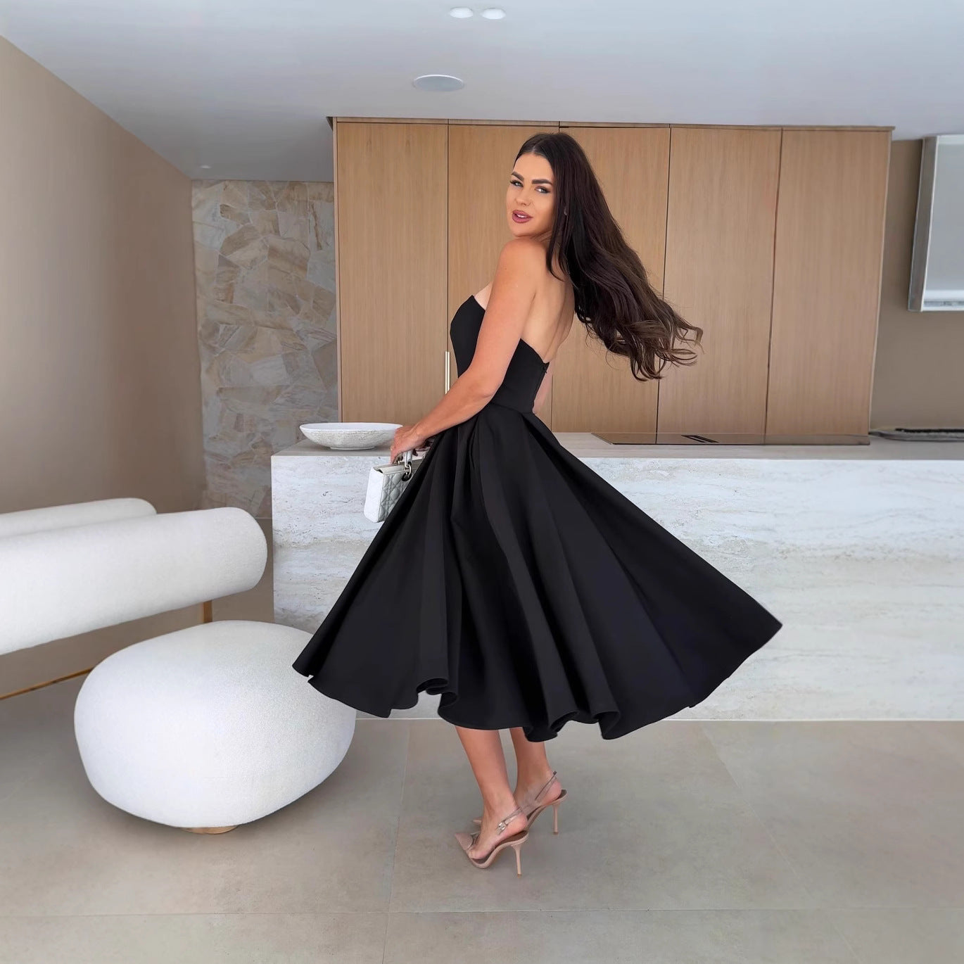Damen A-linien Cocktailkleid mit trägerlosem Schnitt und schwingendem Rock R&B