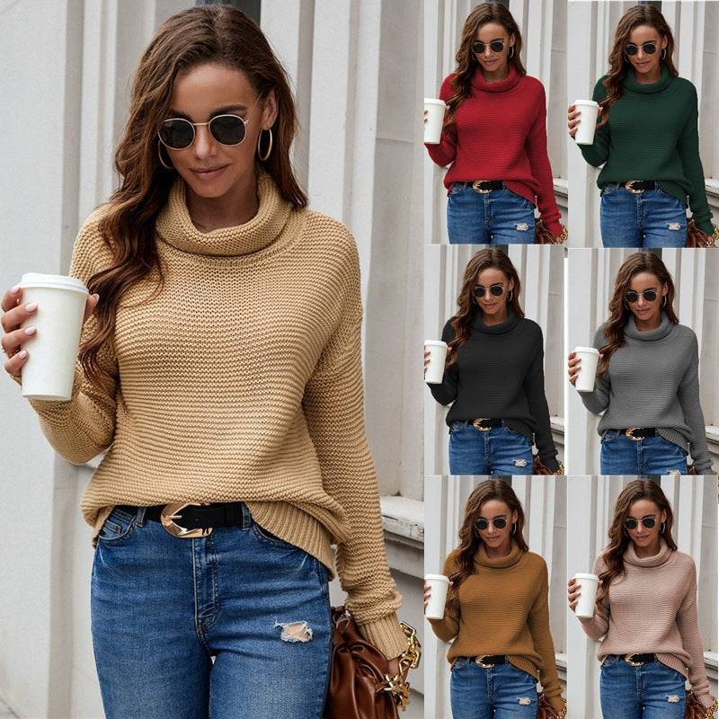 Damen gemusterter Strickpullover mit hohem Kragen und lockerer Passform