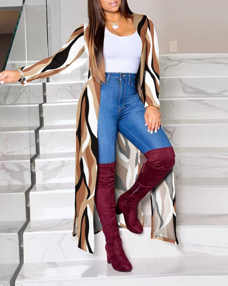 Damen Lange Strickjacke mit modernem grafischem Muster R&B