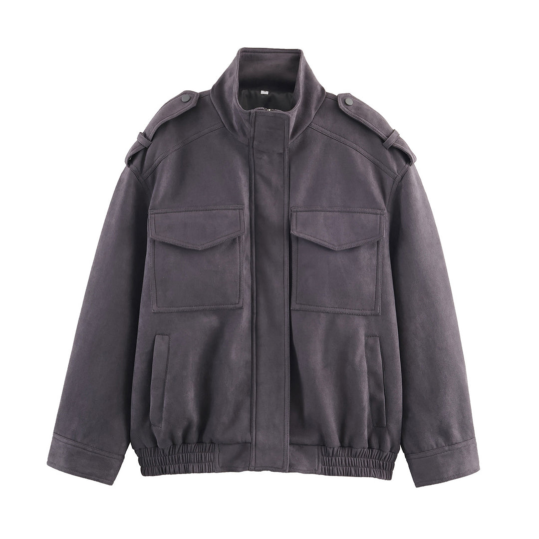 Damen modische Utility-Jacke mit hohem Kragen und praktischen Taschen R&B