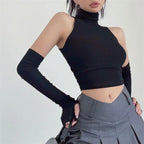 Damen Langarm Crop-Top mit Stehkragen und figurbetontem Schnitt R&B