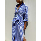 Damen Langarmhemd Kleid mit Gürtel und Streifen