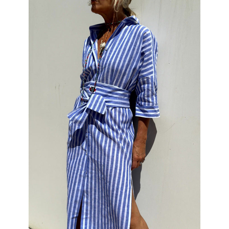 Damen Langarmhemd Kleid mit Gürtel und Streifen