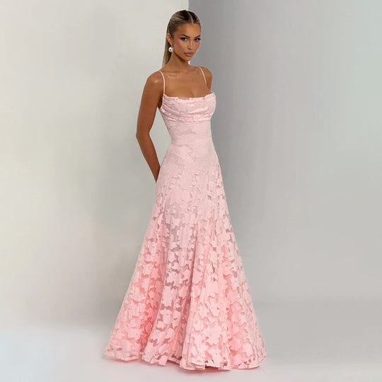 Damen elegantes Maxikleid mit zartem floralem Muster und Spaghetti-Trägern R&B