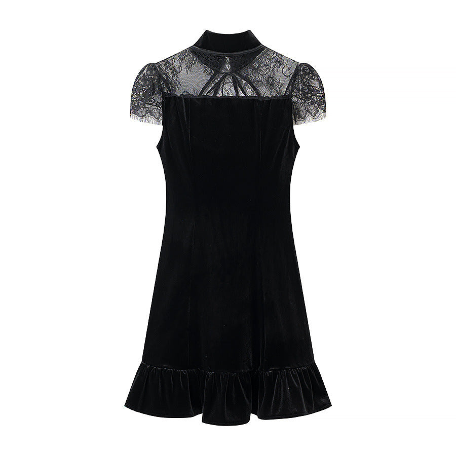Damen Abendkleid mit transparenten Spitzenärmel und Rüschensaum R&B