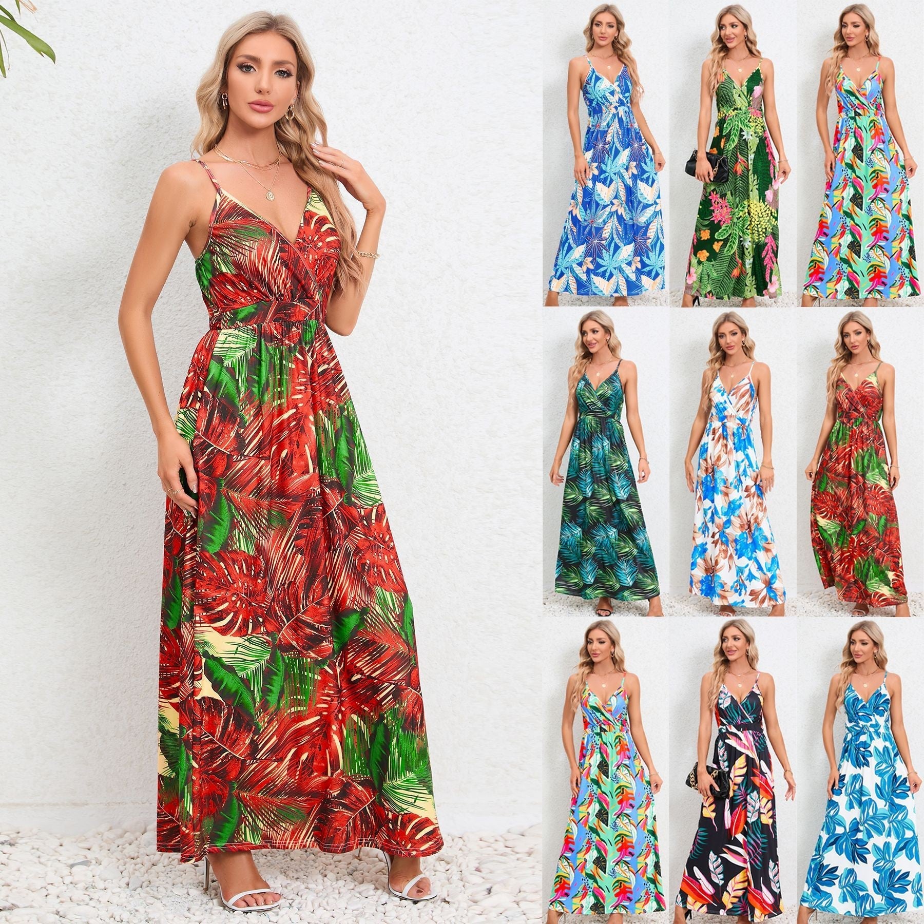 Damen Maxikleid mit floralem Design und schmalen Trägern R&B