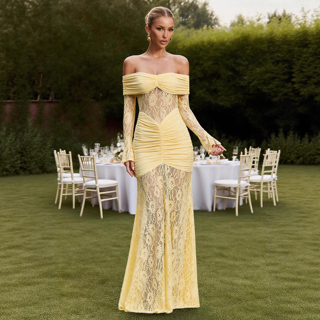 Damen Elegantes Spitzen Abendkleid mit schulterfreier Silhouette und raffinierten Rüschendetails R&B