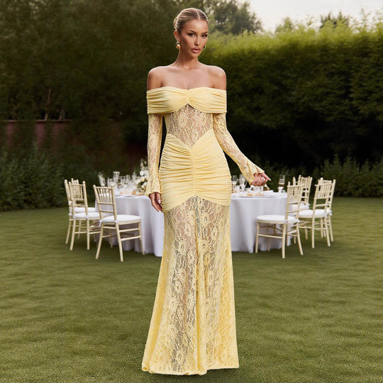 Damen Elegantes Spitzen Abendkleid mit schulterfreier Silhouette und raffinierten Rüschendetails R&B