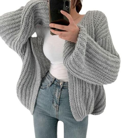 Damen grob gestrickte Oversized Cardigan mit tiefem V-Ausschnitt R&B