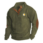 Herren nan Strickpullover im Troyer-Stil mit Stehkragen Lederbesatz Druckknopfleiste und Ellbogen-Patches R&B