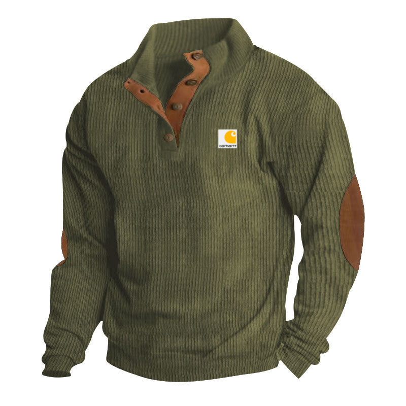 Herren nan Strickpullover im Troyer-Stil mit Stehkragen Lederbesatz Druckknopfleiste und Ellbogen-Patches R&B