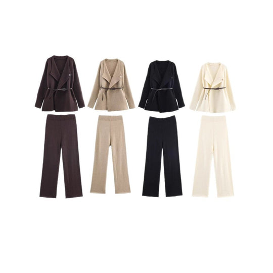 Damen elegantes Strickset mit tailliertem Blazer und weitem Hosenbein R&B