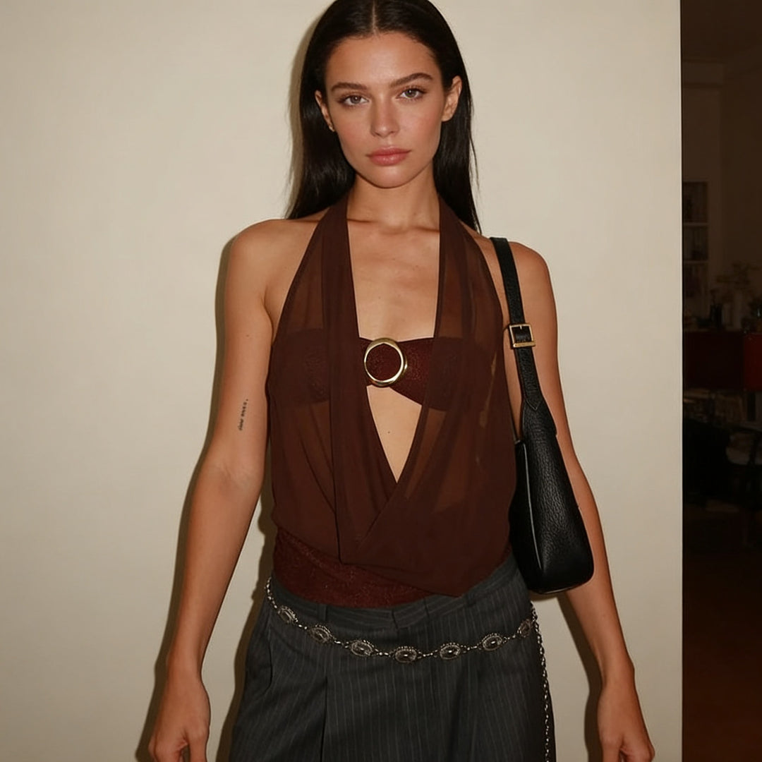 Damen Elegantes und figurbetontes Top mit tiefem Ausschnitt und schimmerndem Band R&B