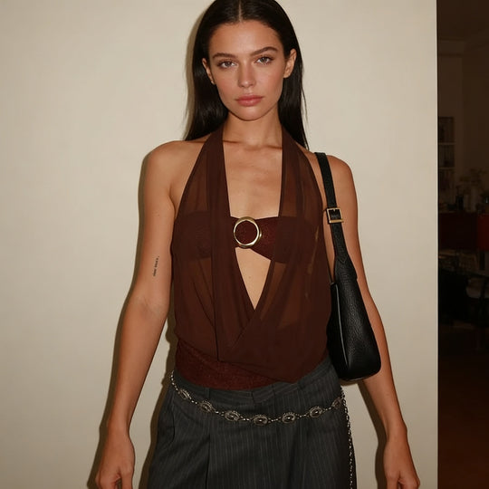Damen Elegantes und figurbetontes Top mit tiefem Ausschnitt und schimmerndem Band R&B