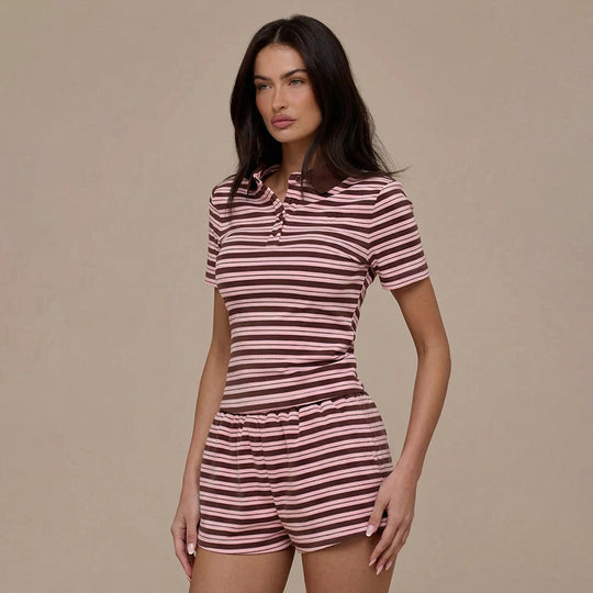 Damen gestreiftes Schlafset mit Poloshirt und Shorts R&B