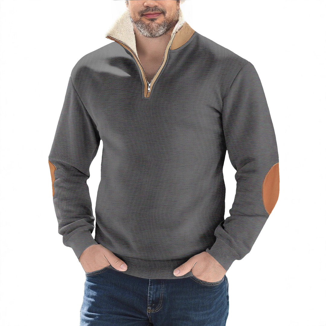 Herren nan Strukturstrick-Halbzipppullover mit wärmendem Sherpa-Kragen und Velours-Ellenbogenapplikation R&B