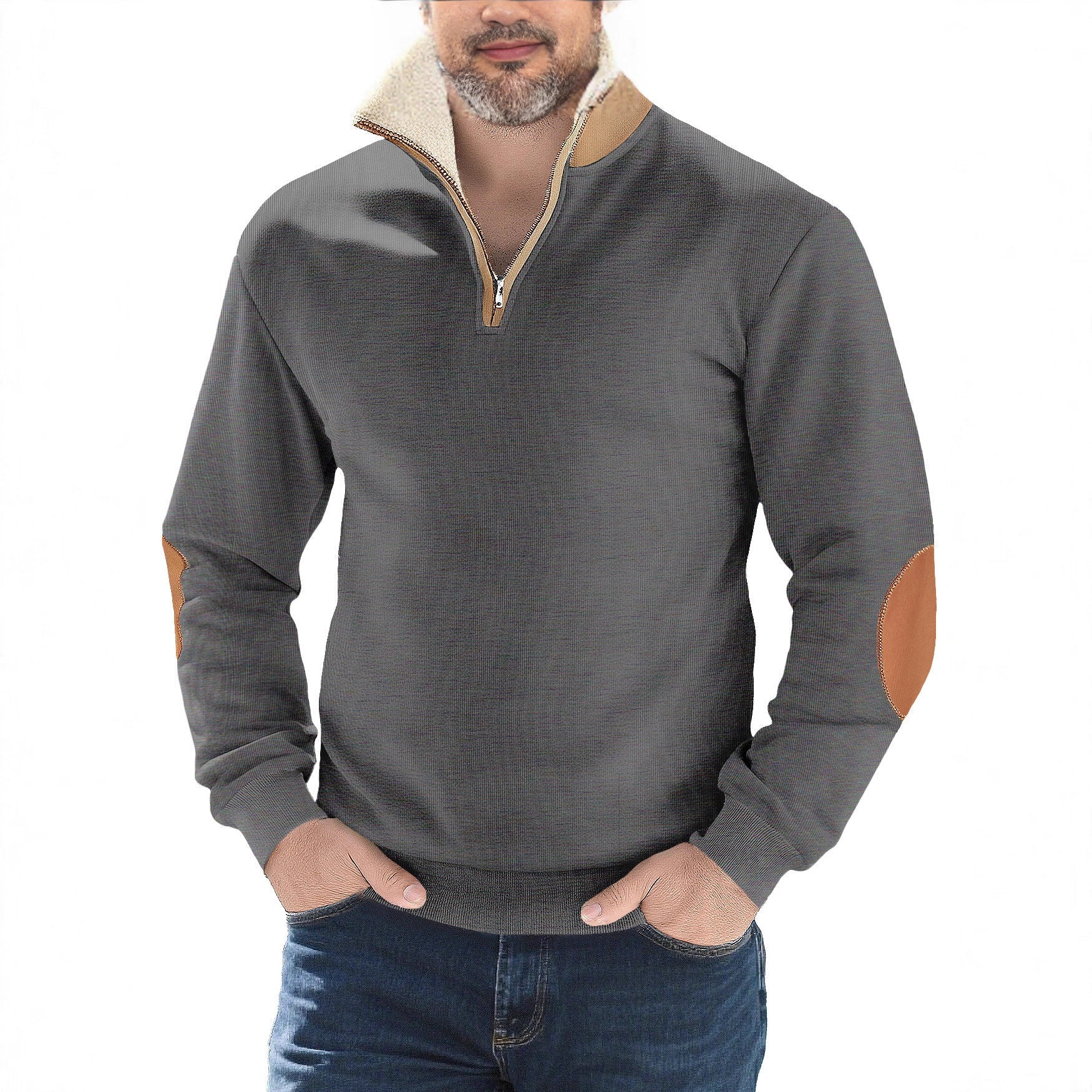 Herren nan Strukturstrick-Halbzipppullover mit wärmendem Sherpa-Kragen und Velours-Ellenbogenapplikation R&B
