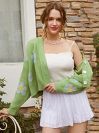 Damen Kurzstrickjacke mit floralem Design und großen Knöpfen