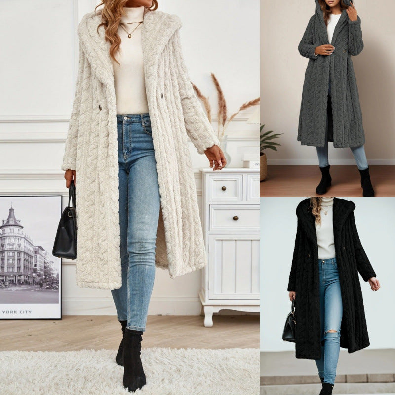 Damen Strickmantel mit Oversized-Kragen und originellen Zopfmuster R&B