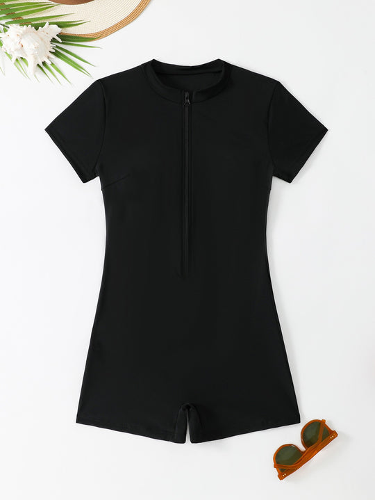 Damen Sportlicher Kurzarm Badeanzug mit Reißverschluss R&B