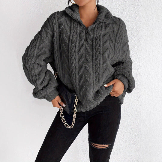 Damen Kuscheliger Fleece-Pullover mit hohem Kragen und Zipper-Detail R&B