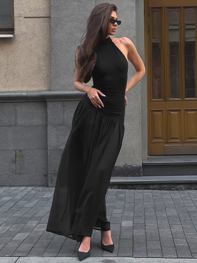 Damen Maxi-Kleid mit elegantem Stehkragen und fließendem Rock R&B
