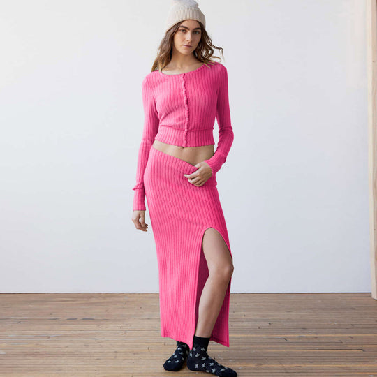 Damen Strickset mit Knopfleiste und hohem Schlitz R&B