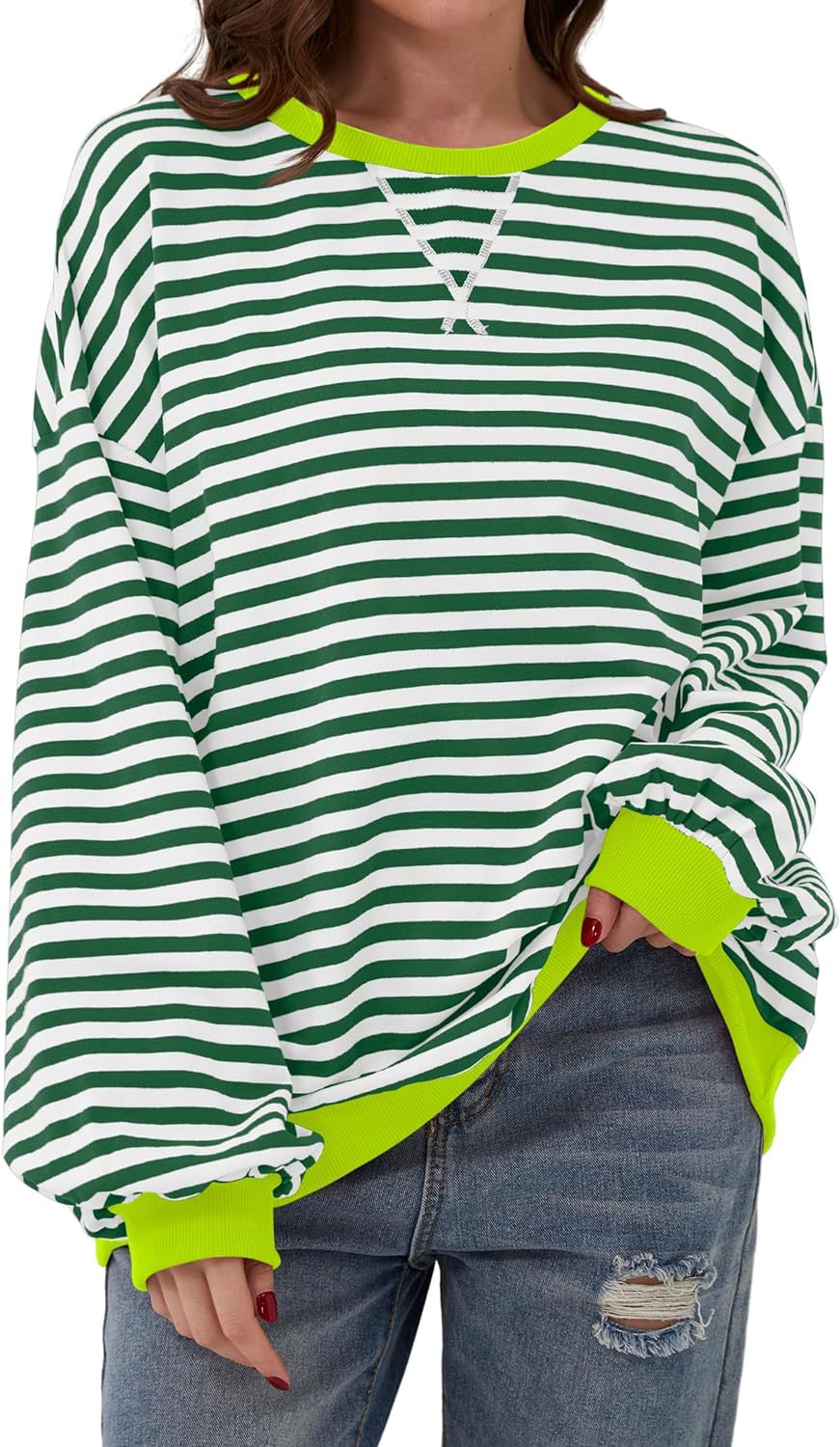 Damen lässiger Oversized Sweatshirt mit bunten Streifen und Kapuzenkordel R&B