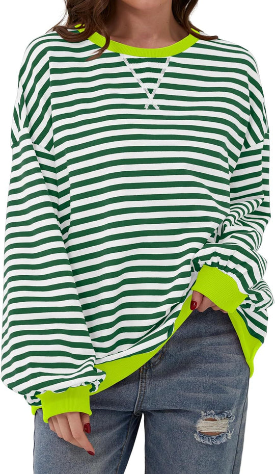 Damen lässiger Oversized Sweatshirt mit bunten Streifen und Kapuzenkordel R&B