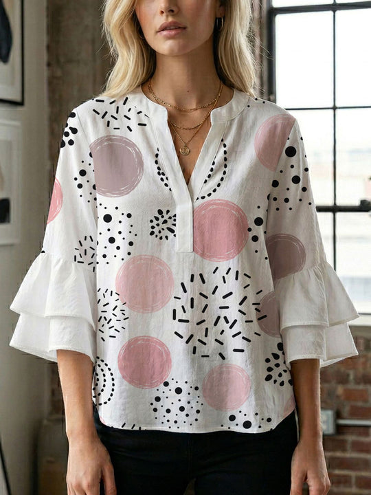 Damen Bluse mit voluminösen Flügelärmel und intensivem Blattmuster R&B