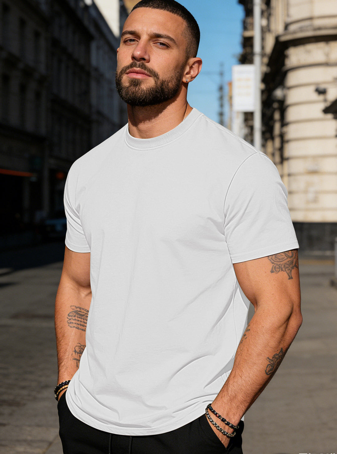 Herren nan körperbetontes hochwertiges Baumwollshirt mit Rundhalsausschnitt R&B