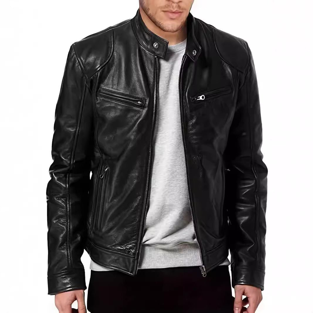 Herren Kunstlederjacke mit modernem Stehkragen R&B