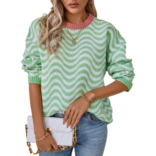 Damen gemütlicher Pullover mit modernen Wellenmustern und minimalistischer Passform R&B