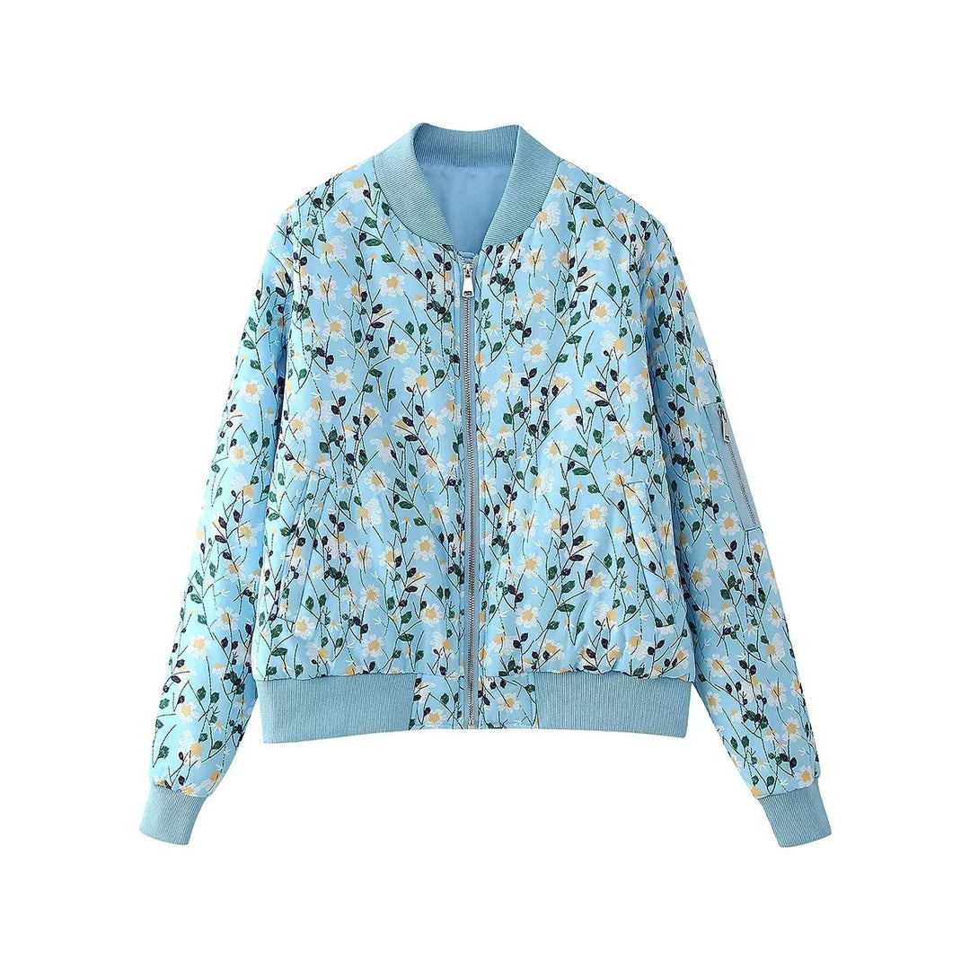 Damen stylische Bomberjacke mit floralen Mustern und elastischen Bündchen R&B