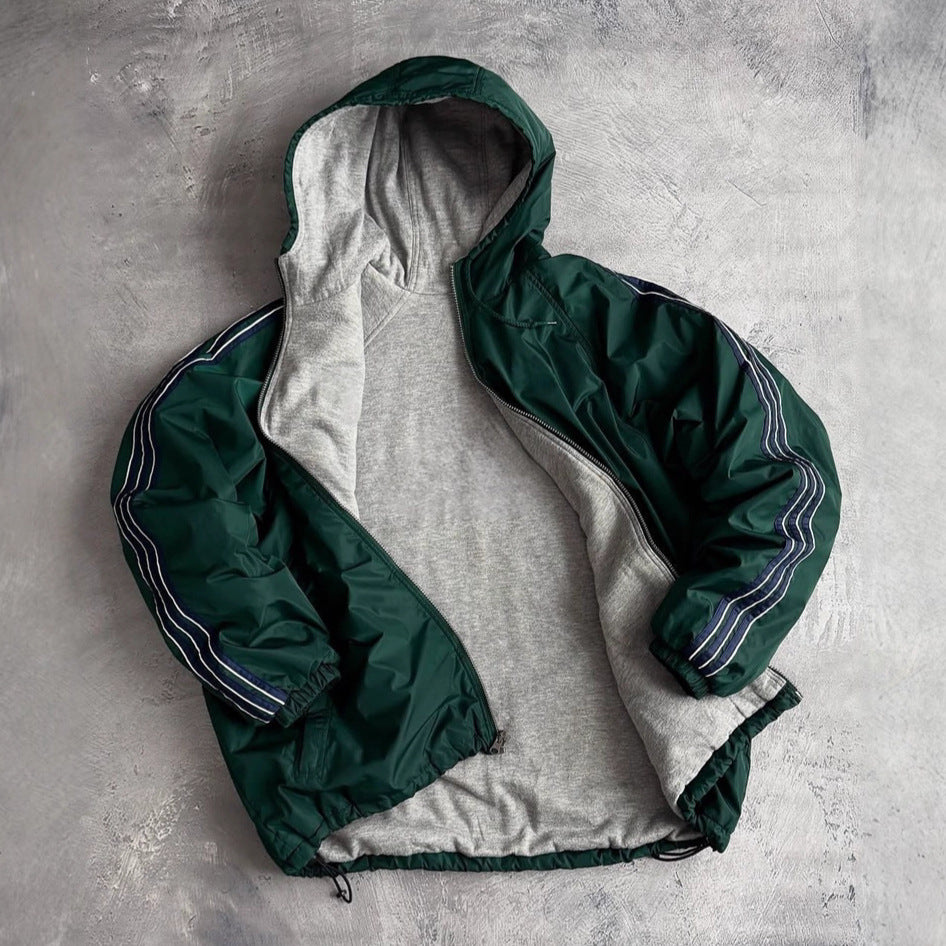 Unisex nan weit geschnittene Windjacke mit Kapuze wattiertem Fleeceinnenfutter Tunnelzugsaum und Zierstreifen an Ärmeln R&B