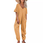 Damen Oversized Jumpsuit mit tiefem V-Ausschnitt und lässigen Taschen R&B