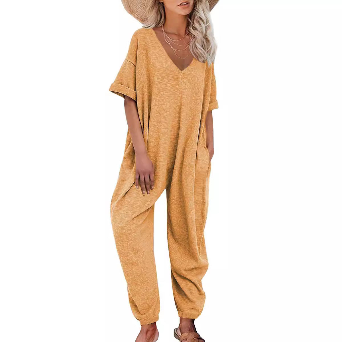 Damen Oversized Jumpsuit mit tiefem V-Ausschnitt und lässigen Taschen R&B