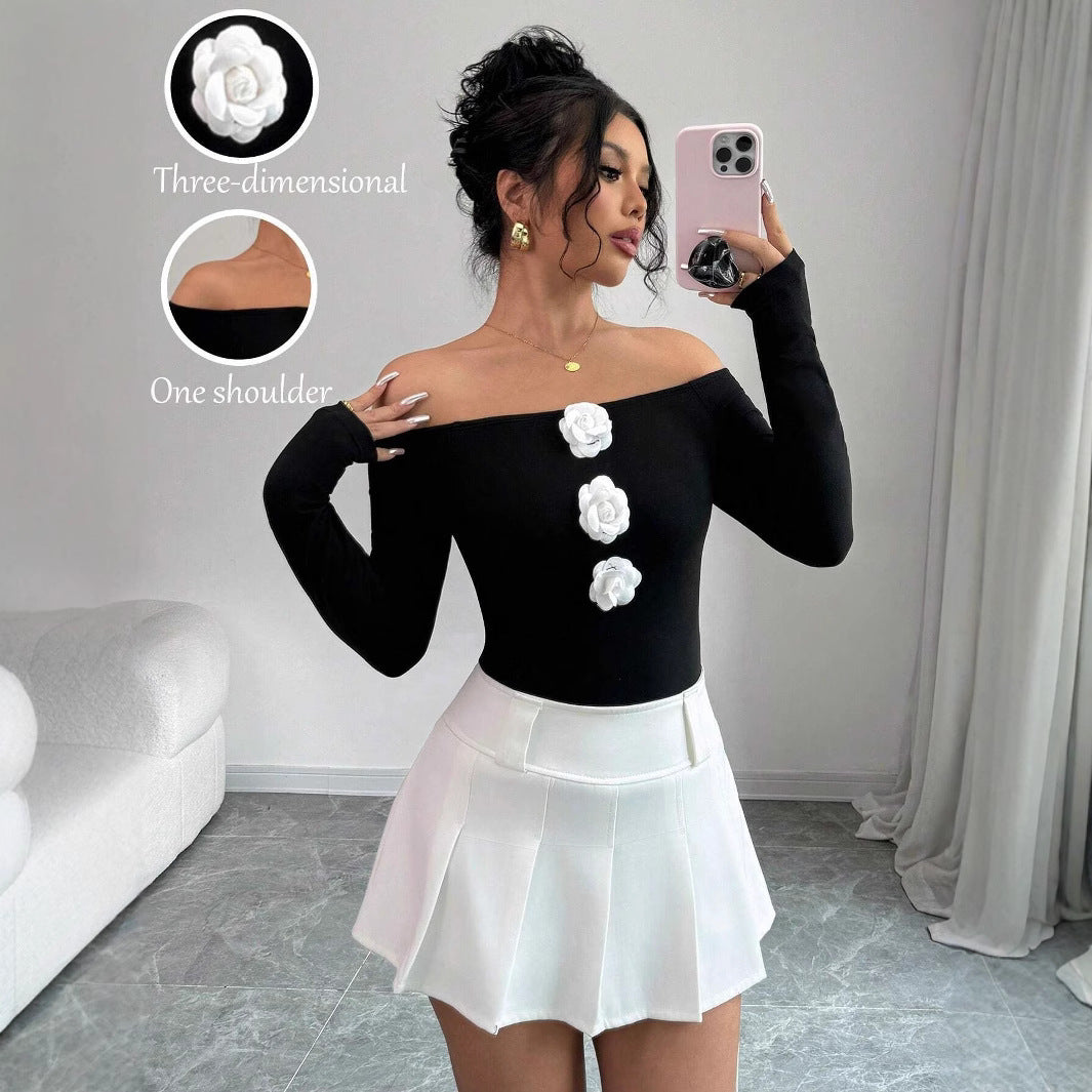 Damen Off-Shoulder Shirt mit dreidimensionalen Rosenapplikationen R&B