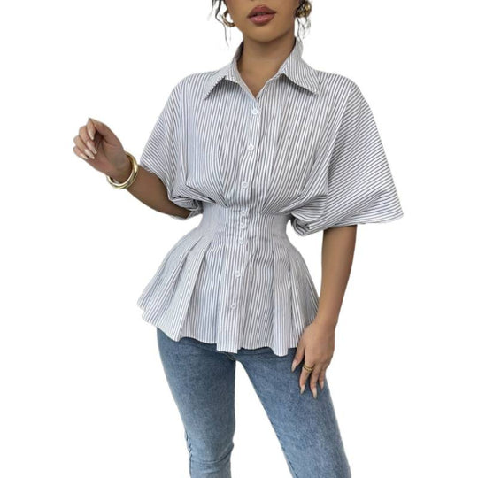 Damen taillierte Bluse mit Puffärmeln und Streifenmuster R&B