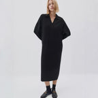 Damen Übergröße Strickkleid mit modernem Polokragen und langen Ärmeln R&B
