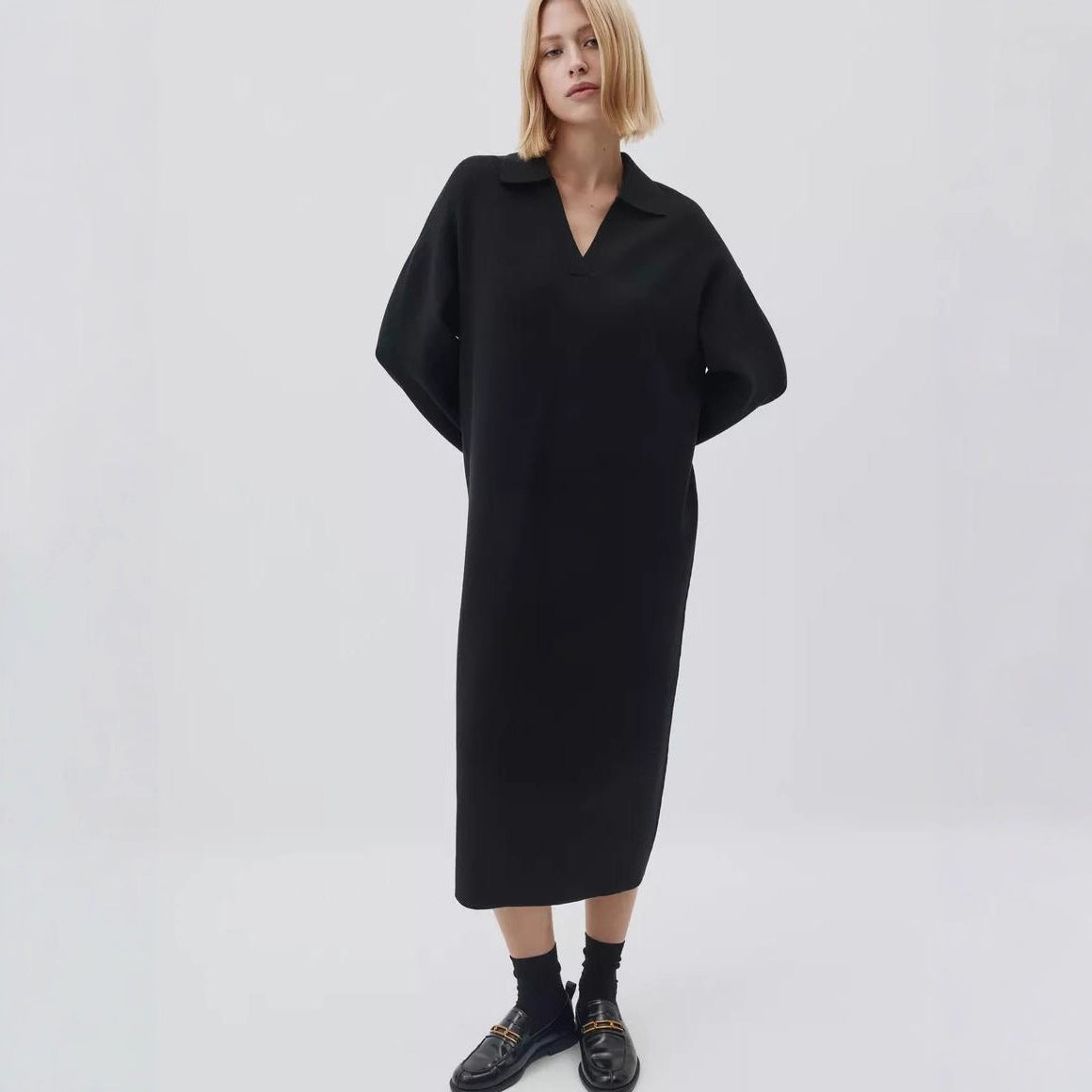 Damen Übergröße Strickkleid mit modernem Polokragen und langen Ärmeln R&B