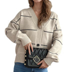 Damen lässige Strickjacke mit praktischen Taschen und modischen Kontraststreifen R&B