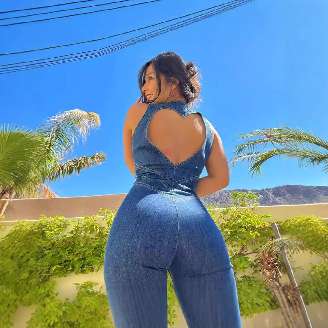 Damen Jeansoverall mit herzförmigem Rückenausschnitt und figurbetontem Schnitt R&B