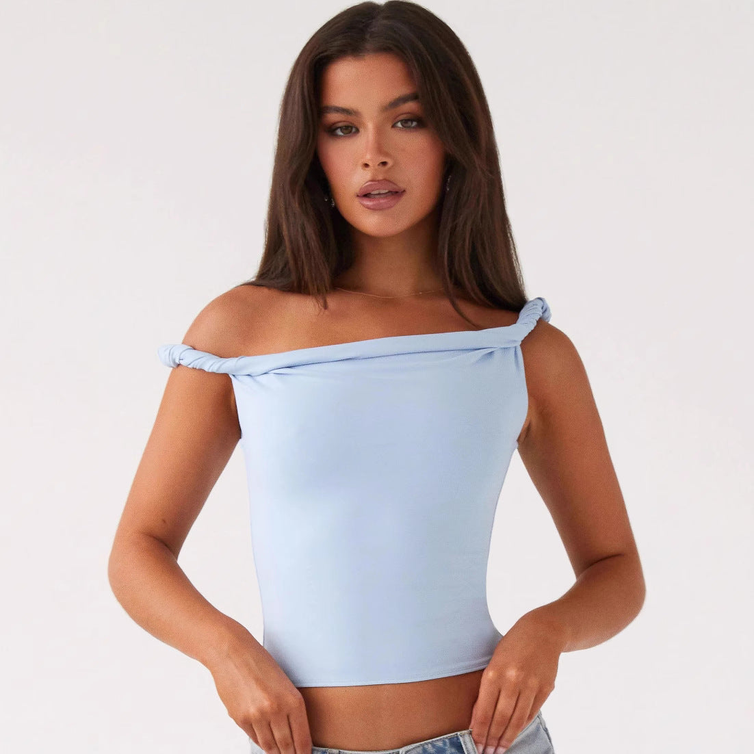 Damen Off-Shoulder Crop-Top mit modischen Raffungselementen R&B